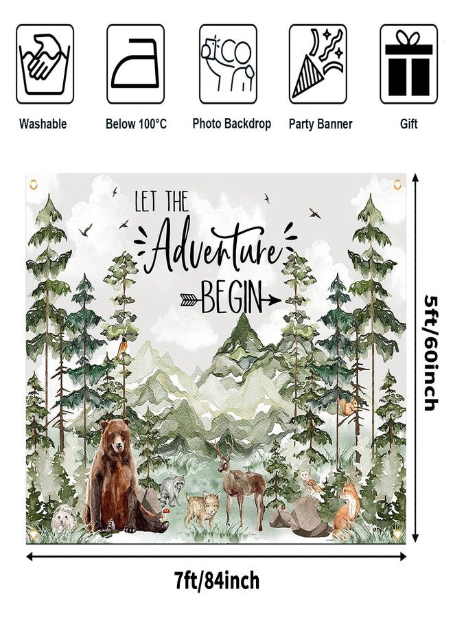 Avezano Woodland Baby Shower Backdrop Woodland Animals Baby Shower Decorations Adventure Forest Mountain Wilderness Photography Background Let The Adventure Begin Banner (7x5ft, Green) - Image 4
