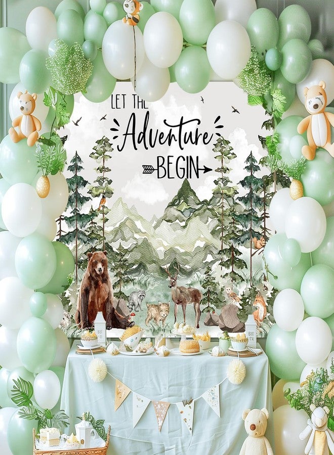 Avezano Woodland Baby Shower Backdrop Woodland Animals Baby Shower Decorations Adventure Forest Mountain Wilderness Photography Background Let The Adventure Begin Banner (7x5ft, Green) - Image 2