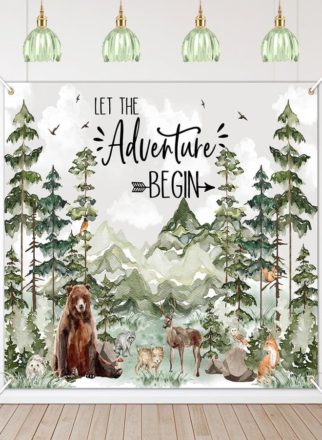 Avezano Woodland Baby Shower Backdrop Woodland Animals Baby Shower Decorations Adventure Forest Mountain Wilderness Photography Background Let The Adventure Begin Banner (7x5ft, Green) - Image 1