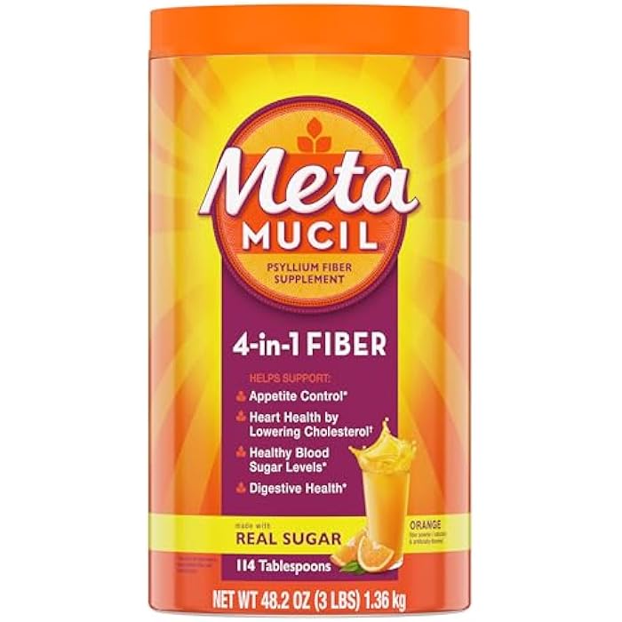 Metamucil 4-in-1 Psyllium Husk Fiber Supplement, Real Sugar, 114 tablespoons, Orange Flavored, Daily Fiber Powder for Digestive Health, made with Plant-Based Psyllium Husk Fiber - Image 1