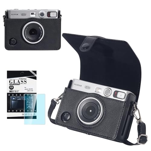 CAIYOULE Mini EVO Case, Protective Case for Fujifilm Instax Mini EVO Instant Digital Hybrid Camera, Mini EVO Accessories with PU Leather Bag and Screen Protector (Vintage Black) - Image 1