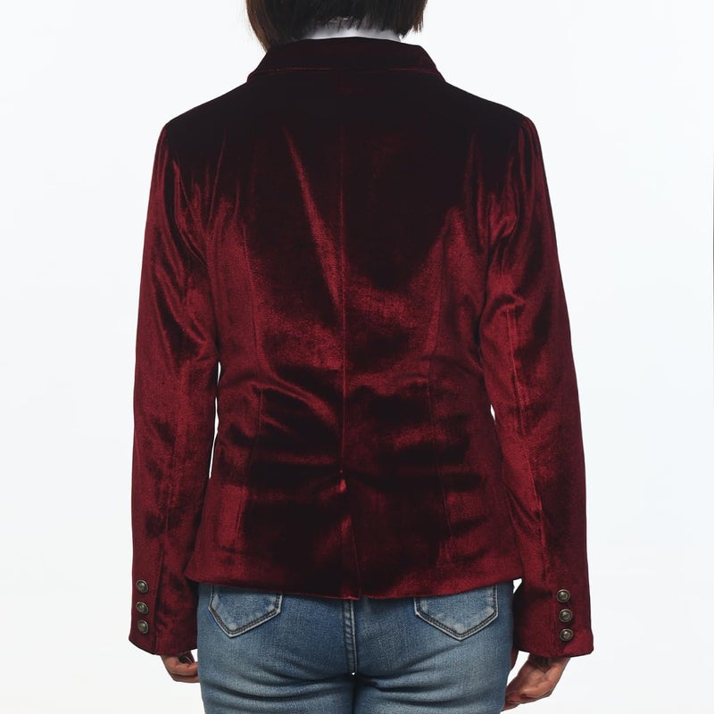 GRACEART Women Vintage Velvet Blazer Jacket V-Neck Work Office Suit Slim Fit Slit Blazer Long Sleeves Dressy Coat Red - Image 3