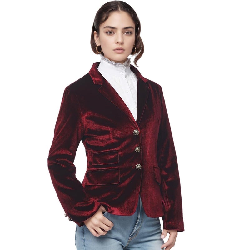 GRACEART Women Vintage Velvet Blazer Jacket V-Neck Work Office Suit Slim Fit Slit Blazer Long Sleeves Dressy Coat Red - Image 2