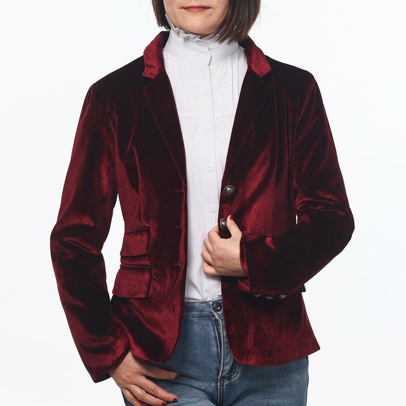 GRACEART Women Vintage Velvet Blazer Jacket V-Neck Work Office Suit Slim Fit Slit Blazer Long Sleeves Dressy Coat Red - Image 4