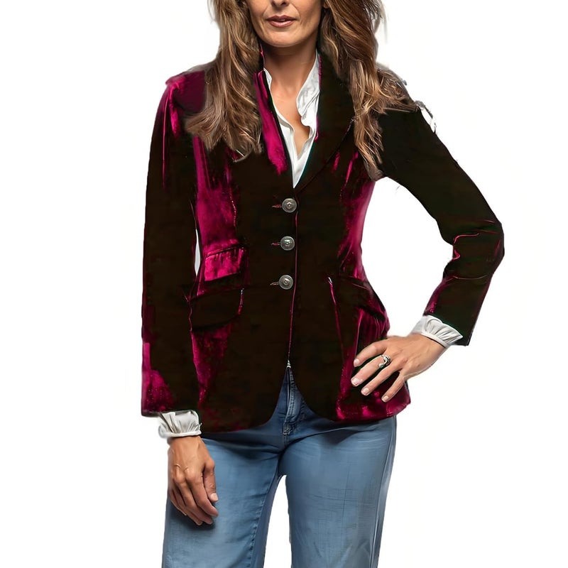 GRACEART Women Vintage Velvet Blazer Jacket V-Neck Work Office Suit Slim Fit Slit Blazer Long Sleeves Dressy Coat Red - Image 1
