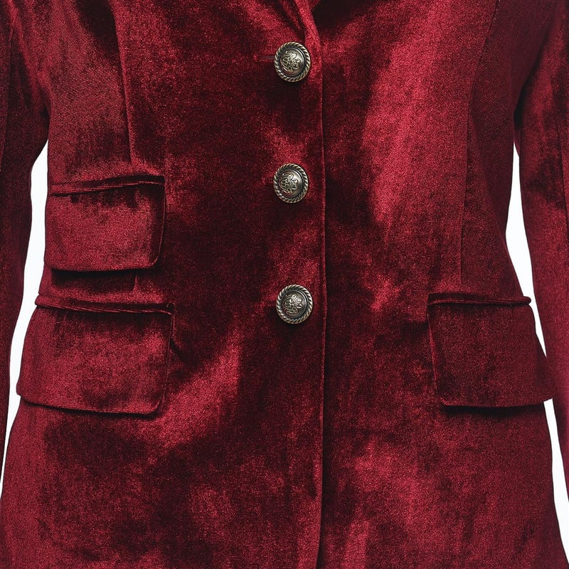GRACEART Women Vintage Velvet Blazer Jacket V-Neck Work Office Suit Slim Fit Slit Blazer Long Sleeves Dressy Coat Red - Image 5