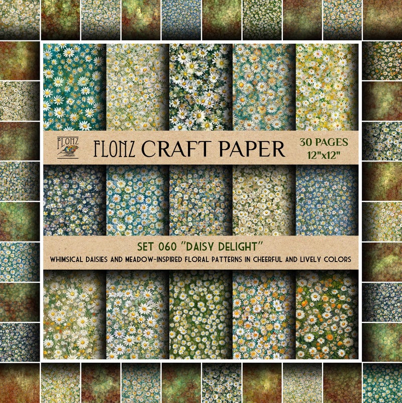 Scrapbook Paper (30 pages 12"x12") Daisy Delight: Whimsical Daisies and Meadow-Inspired Floral Patterns in Cheerful and Lively Colors FLONZ Vintage Styled Double Sided Paper Pad for Craft Cardmaking