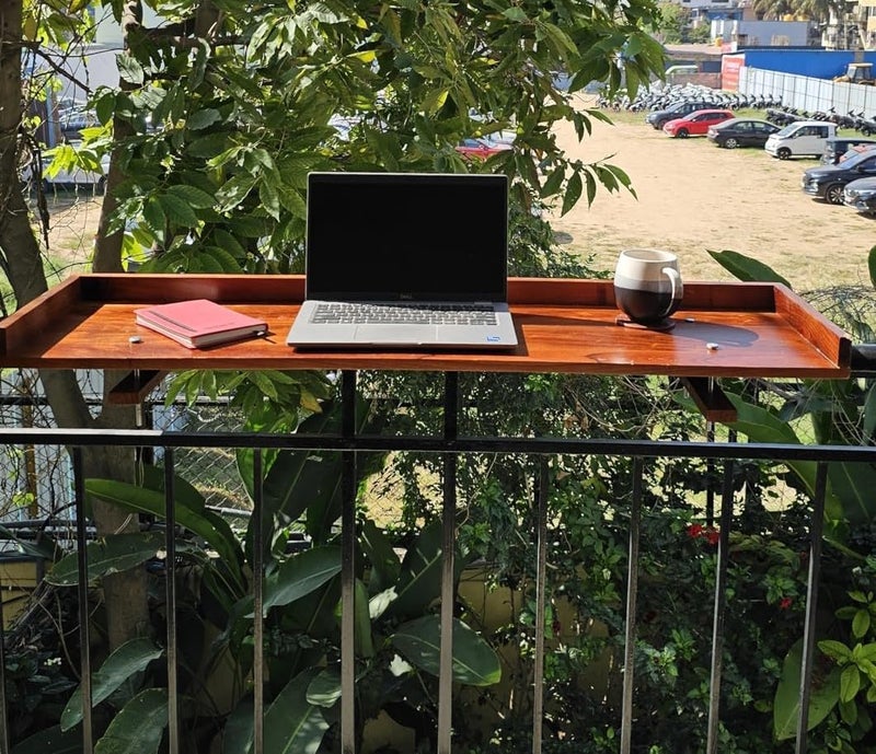 Furnelift Furnelift Wooden Railing Table for Balcony Sheesham Wood Hanging Table for Garden Bar Counter Stand for Outdoor Shelf Rectangle Teak Finish  - Image 2