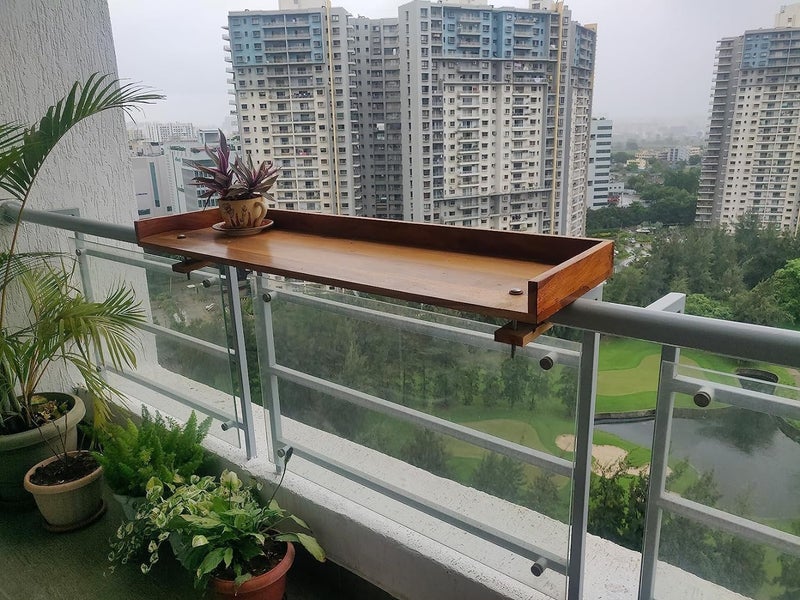 Furnelift Furnelift Wooden Railing Table for Balcony Sheesham Wood Hanging Table for Garden Bar Counter Stand for Outdoor Shelf Rectangle Teak Finish  - Image 4
