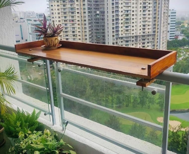 Furnelift Furnelift Wooden Railing Table for Balcony Sheesham Wood Hanging Table for Garden Bar Counter Stand for Outdoor Shelf Rectangle Teak Finish  - Image 1