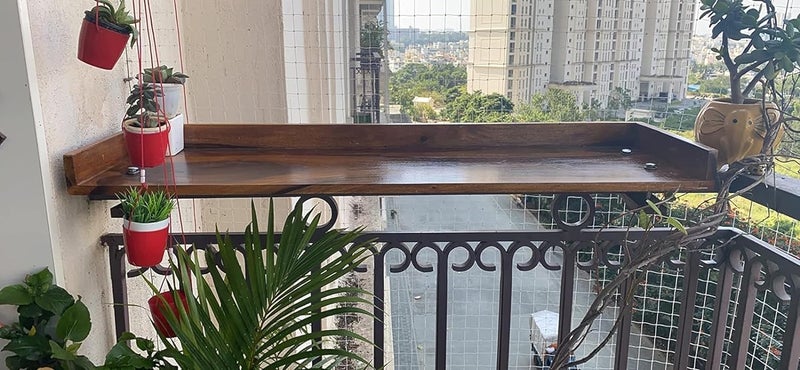 Furnelift Furnelift Wooden Railing Table for Balcony Sheesham Wood Hanging Table for Garden Bar Counter Stand for Outdoor Shelf Rectangle Teak Finish  - Image 5