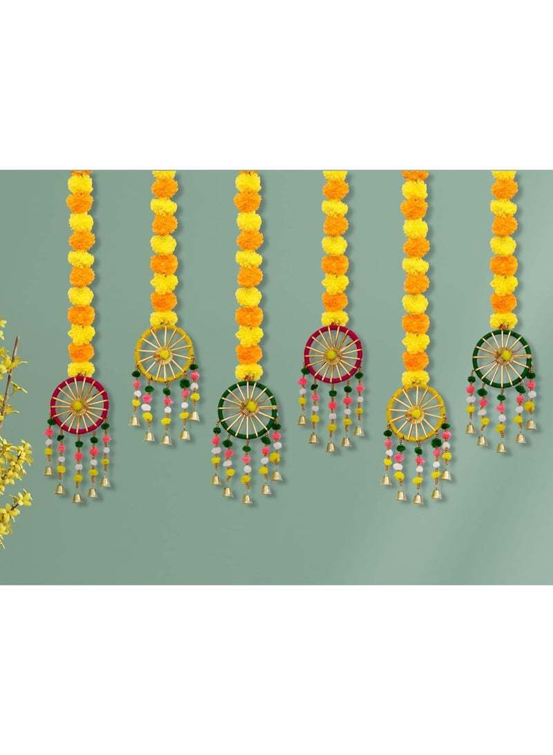 JH Gallery Plastic, Wool Handmade Artificial Marigold Fluffy Flowers with Ring Bell Hanging Latkan Toran For Home, Festival, Wedding, Temple Pooja Room Decoration (Pack of 6) - Image 1