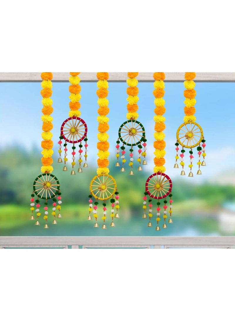 JH Gallery Plastic, Wool Handmade Artificial Marigold Fluffy Flowers with Ring Bell Hanging Latkan Toran For Home, Festival, Wedding, Temple Pooja Room Decoration (Pack of 6) - Image 3
