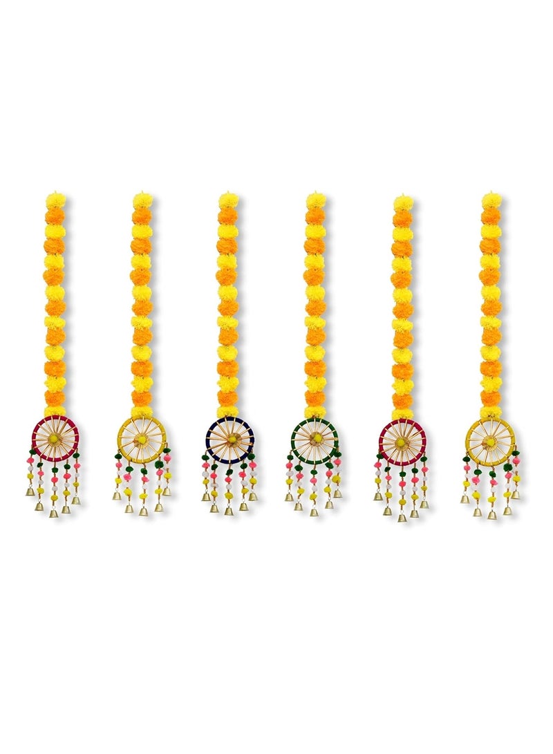 JH Gallery Plastic, Wool Handmade Artificial Marigold Fluffy Flowers with Ring Bell Hanging Latkan Toran For Home, Festival, Wedding, Temple Pooja Room Decoration (Pack of 6) - Image 4