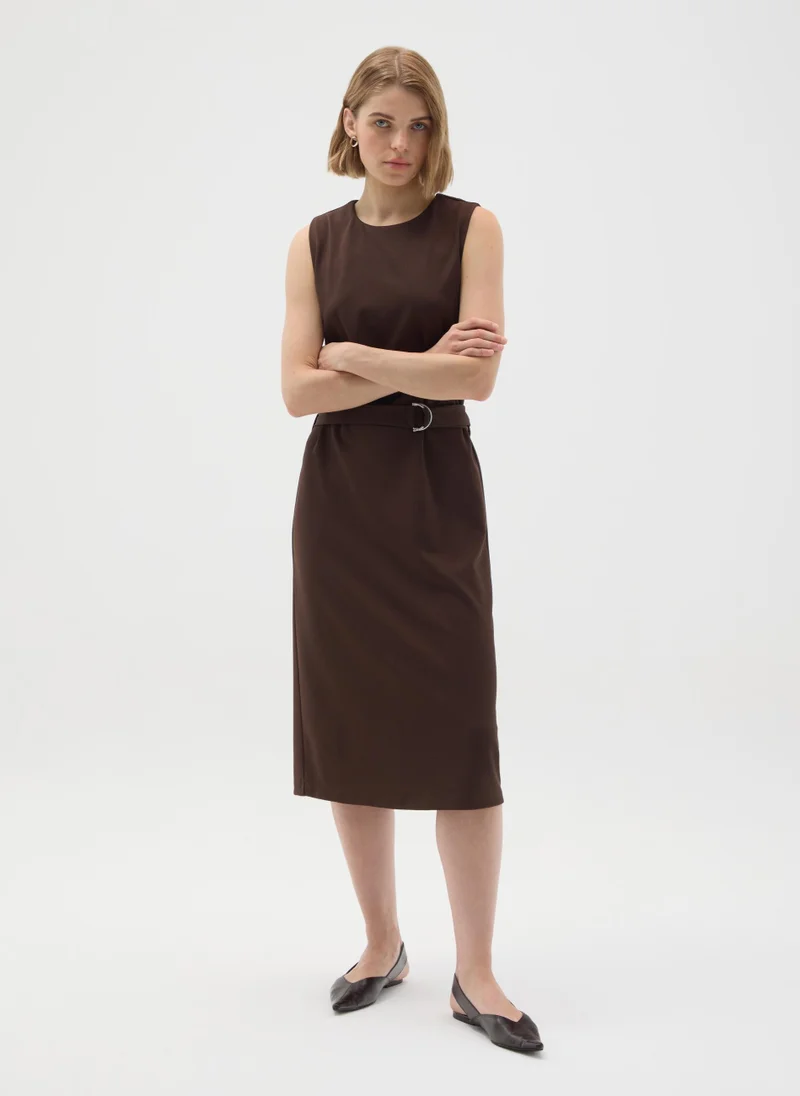 او في اس BROWN SLIM FIT STRETCHY FABRIC DRESS