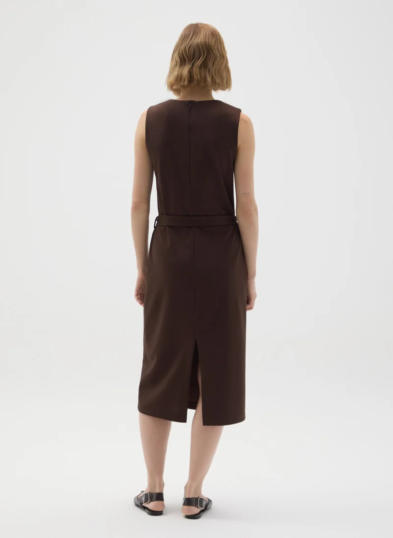 او في اس BROWN SLIM FIT STRETCHY FABRIC DRESS