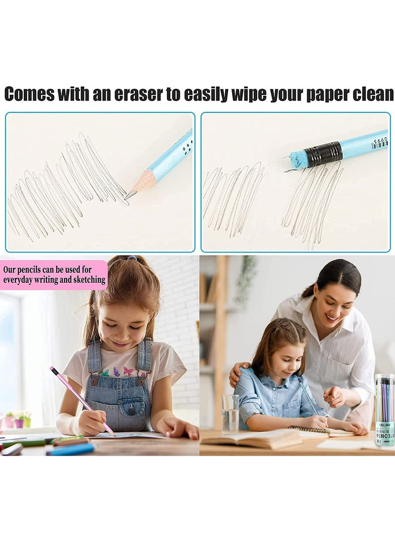 Excefore - HB Pencils 30Pcs with Rubbers Pre-sharpened Pencil with 4Pcs Pencil Grip Corrector Non-Slip Multi-Color with Eraser Student Writing Drawing Tool for Exams School Office Drawing Sketching - Image 1