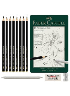 Faber-Castell Pitt Graphite Matte Pencil Set, Metal Tin of 8 Graphite Pencils and Sketching Accessories (HB, 2B, 4B, 6B, 8B, 10B, 12B, 14B), Pencil Sharpener, Eraser and Blending Stump