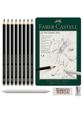 Faber-Castell Pitt Graphite Matte Pencil Set, Metal Tin of 8 Graphite Pencils and Sketching Accessories (HB, 2B, 4B, 6B, 8B, 10B, 12B, 14B), Pencil Sharpener, Eraser and Blending Stump - pzsku/ZB40D335A0A4F81289822Z/45/1746707371/5ec00420-2af5-4ec7-b9a4-905382d02368