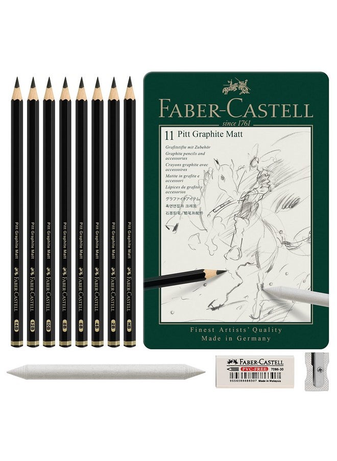 FABER-CASTELL - Faber-Castell Pitt Graphite Matte Pencil Set, Metal Tin of 8 Graphite Pencils and Sketching Accessories (HB, 2B, 4B, 6B, 8B, 10B, 12B, 14B), Pencil Sharpener, Eraser and Blending Stump - Image 1
