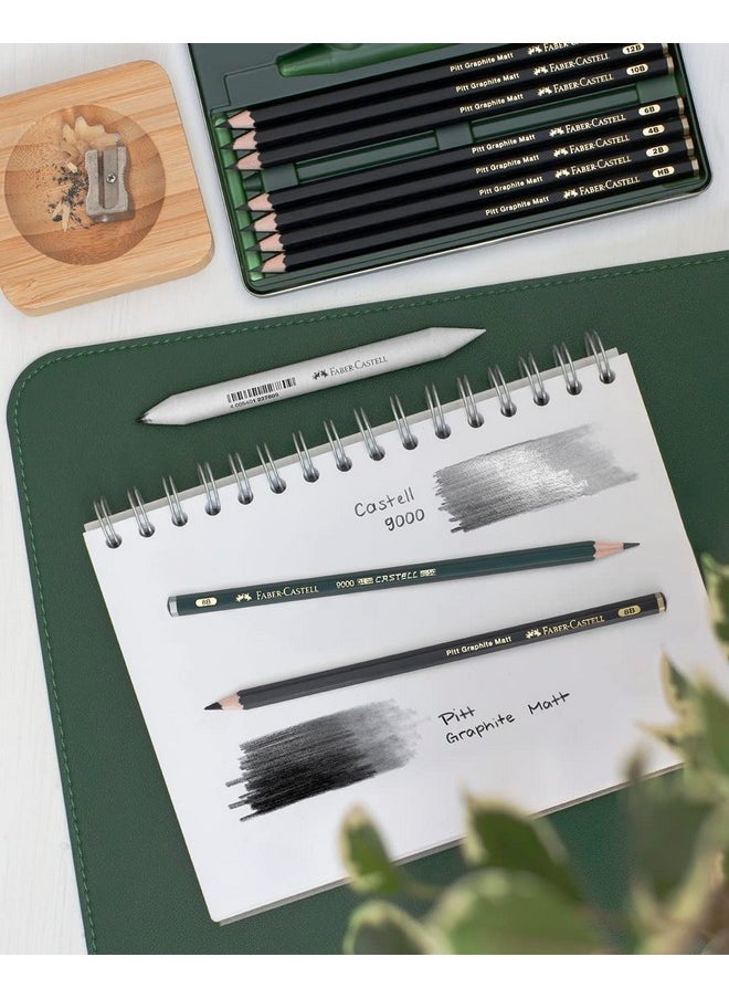 FABER-CASTELL - Faber-Castell Pitt Graphite Matte Pencil Set, Metal Tin of 8 Graphite Pencils and Sketching Accessories (HB, 2B, 4B, 6B, 8B, 10B, 12B, 14B), Pencil Sharpener, Eraser and Blending Stump - Image 1