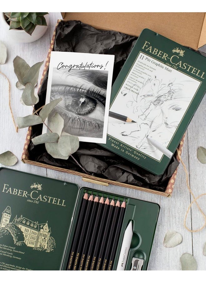 FABER-CASTELL - Faber-Castell Pitt Graphite Matte Pencil Set, Metal Tin of 8 Graphite Pencils and Sketching Accessories (HB, 2B, 4B, 6B, 8B, 10B, 12B, 14B), Pencil Sharpener, Eraser and Blending Stump - Image 1