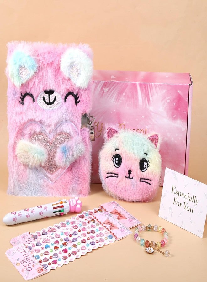 Qiuruoo Cat Diary with Lock for girls,6 7 8 Year Old Girl Birthday Gifts,Cute Journal with Lock,Includes a Hardcover Fluffy Locking Notebook,Multicolored Pens,Diamond Stickers and Gift Box(Pink) - Image 4