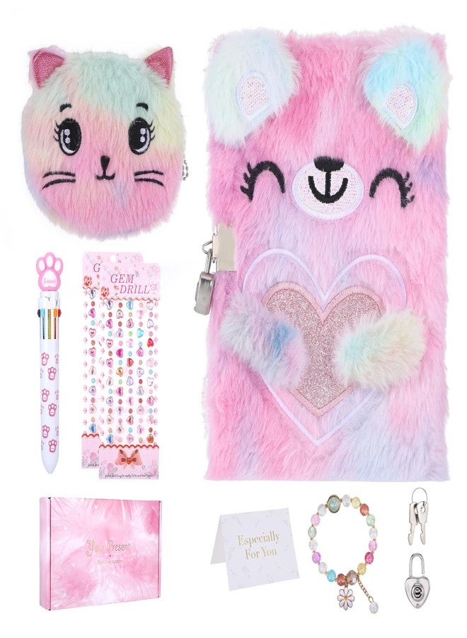 Qiuruoo Cat Diary with Lock for girls,6 7 8 Year Old Girl Birthday Gifts,Cute Journal with Lock,Includes a Hardcover Fluffy Locking Notebook,Multicolored Pens,Diamond Stickers and Gift Box(Pink) - Image 1