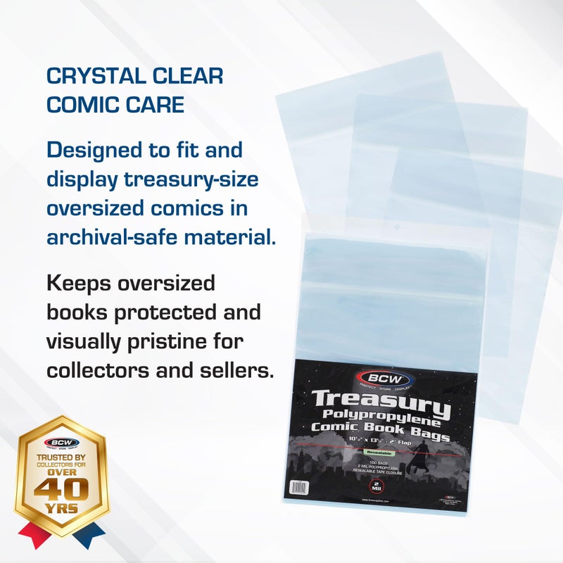 BCW Resealable Treasury Comic Bags â€“ 100 Pack | Archival-Quality Acid-Free Polypropylene Sleeves for Storing Treasury Comics | Crystal Clear Comic Book Storage | 10.5 x 13.5 Inches - Image 2