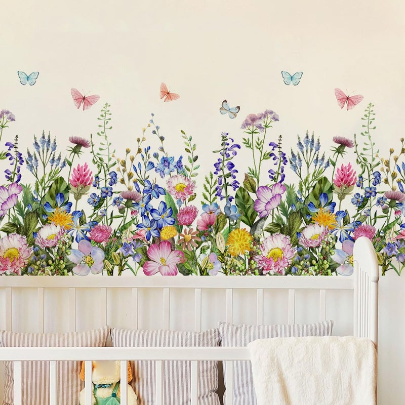 Incholl 4 Pieces Flowers Wall Decals Vinyl Flowers Wall Stickers Removable Floral Murals Peel and Stick Colorful Flower Decor for Girls Bedroom Living Room Nursery (Butterfly) - Image 1