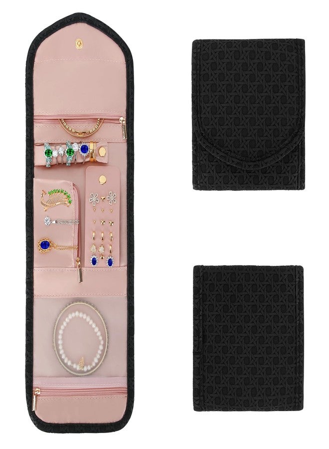LETURE PU Leather Travel Jewelry Organizer Case, Foldable Small Jewelry Roll for Journey Ring, Pendant, Earring, Necklace, Bracelet (Black) - Image 1