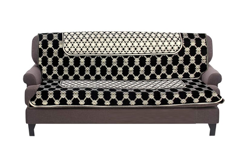 Nendle Cotton Abstract Sofa Covers Set of 3 Seater (Black, 2 Long Pieces) - Image 1