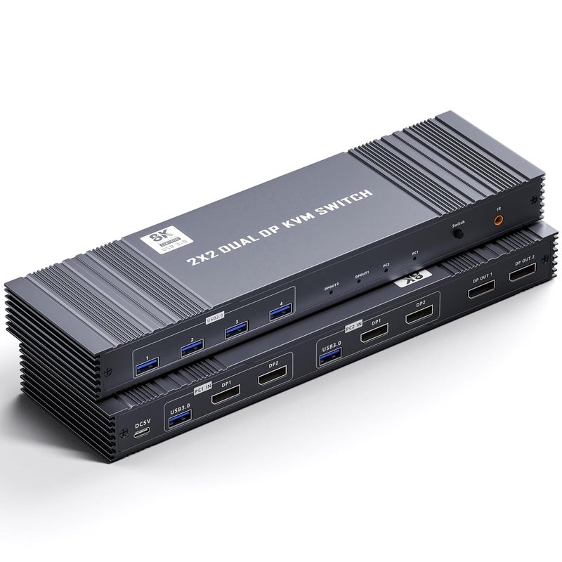 ETZIN 8K Displayport KVM Switch 2 Monitors 2 Computers PD+DP 4K@144Hz Display Port USB3.0 Dual Monitor KVM Switches for 2 PC Sharing 2 Monitor of 1 Set Keyboard Mouse and USB Device with IR EPL-1487H - Image 1