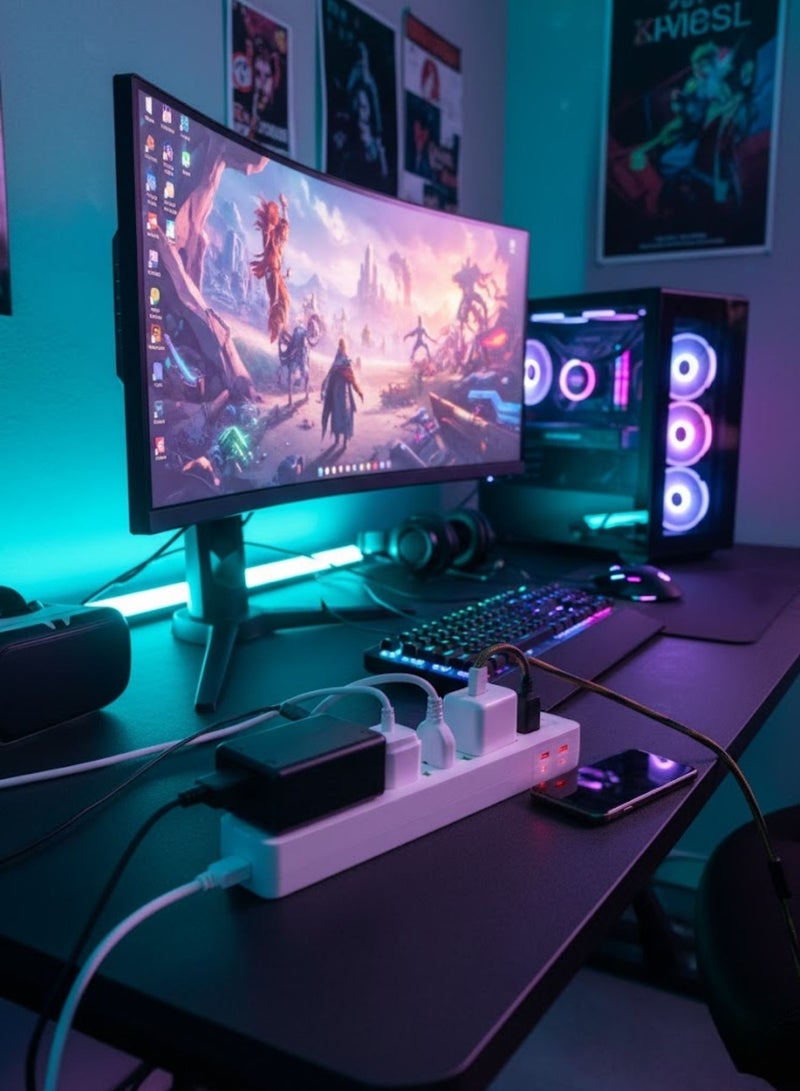 Zaprus 8-in-1 Power Strip Extension Plug – 2500W Power Extension Socket with 4 Universal AC Outlets + 3 USB + 1 PD Type-C | On/Off Child Safety Switch | 110–220V Smart Multi Plug for Gaming PC, TV, Laptop & Home Use – White - Image 5