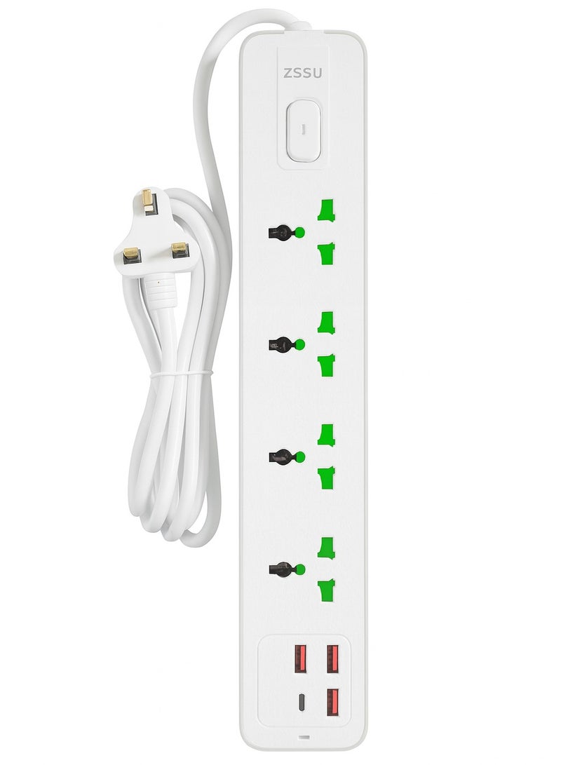 Zaprus 8-in-1 Power Strip Extension Plug – 2500W Power Extension Socket with 4 Universal AC Outlets + 3 USB + 1 PD Type-C | On/Off Child Safety Switch | 110–220V Smart Multi Plug for Gaming PC, TV, Laptop & Home Use – White - Image 1