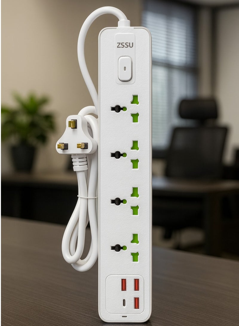Zaprus 8-in-1 Power Strip Extension Plug – 2500W Power Extension Socket with 4 Universal AC Outlets + 3 USB + 1 PD Type-C | On/Off Child Safety Switch | 110–220V Smart Multi Plug for Gaming PC, TV, Laptop & Home Use – White - Image 2