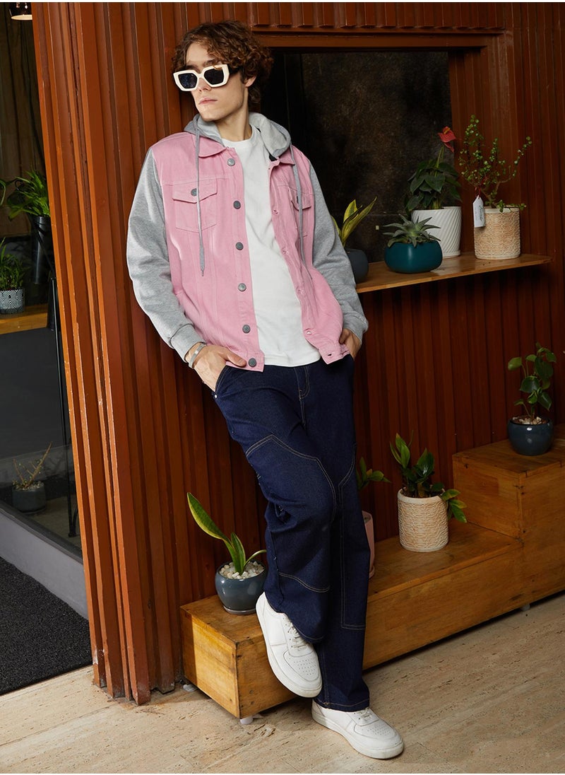 كامبوس سوترا - Men's Bubblegum Pink & Coin Grey Block Denim Jacket - Image 1