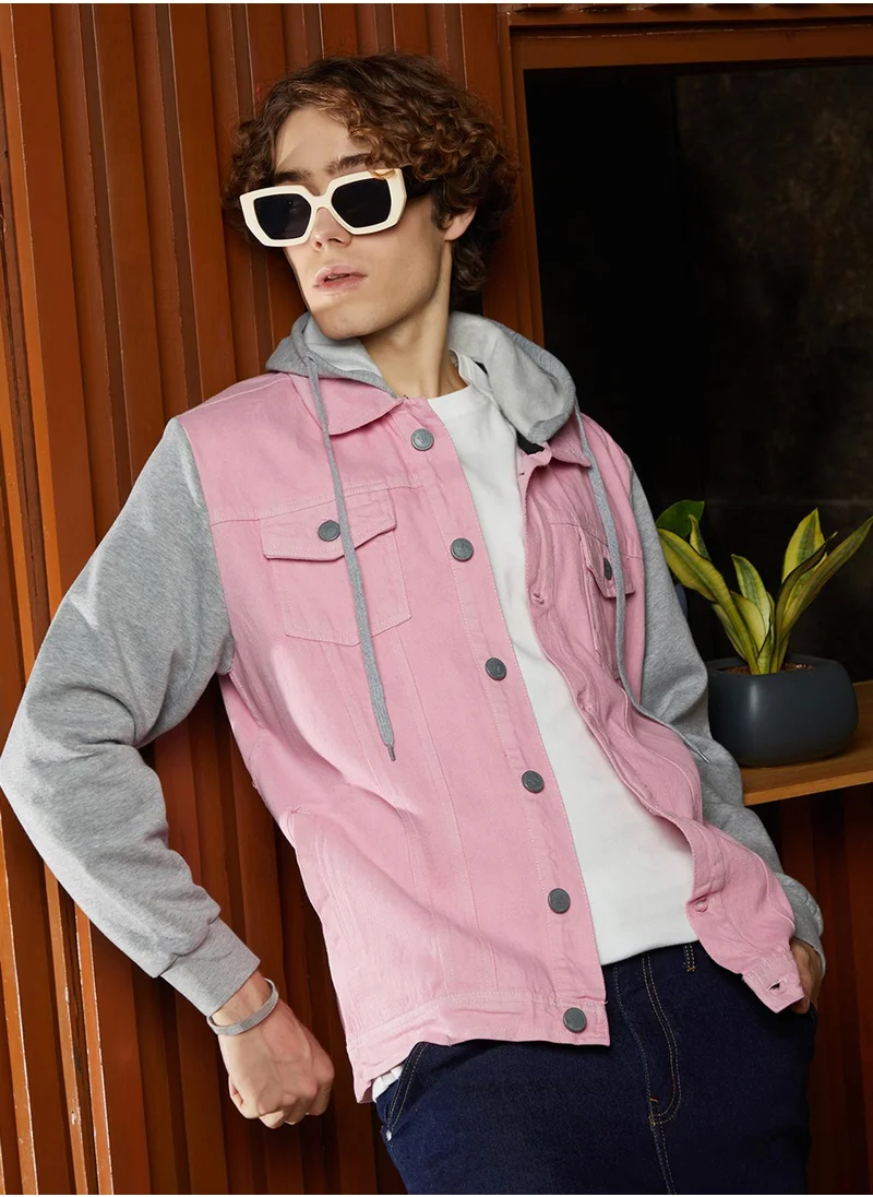 Campus Sutra Men's Bubblegum Pink & Coin Grey Block Denim Jacket
