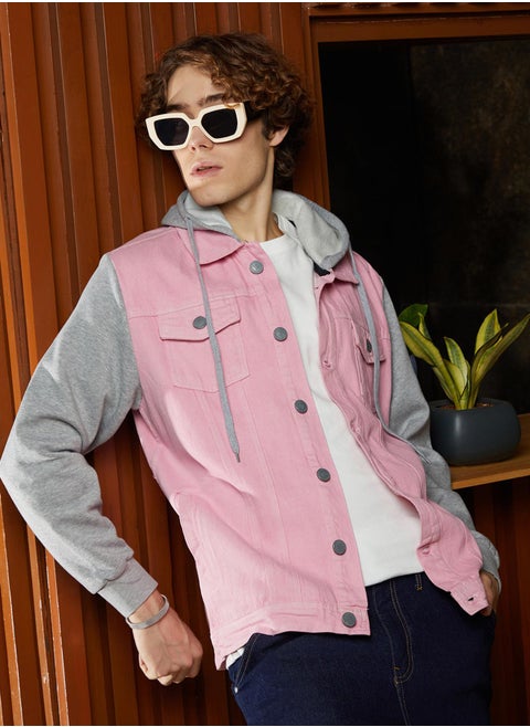 Men's Bubblegum Pink & Coin Grey Block Denim Jacket