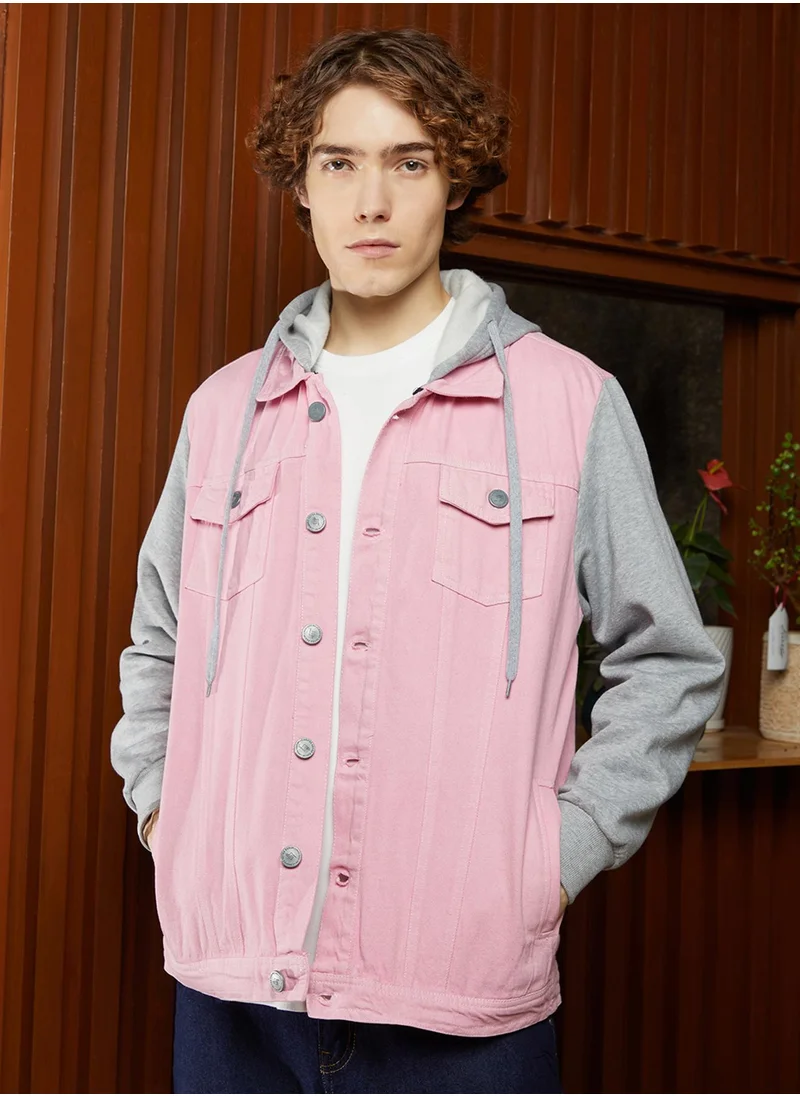 Campus Sutra Men's Bubblegum Pink & Coin Grey Block Denim Jacket