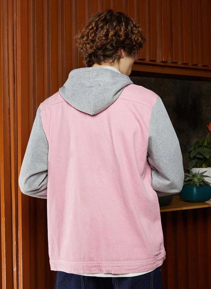 Campus Sutra Men's Bubblegum Pink & Coin Grey Block Denim Jacket