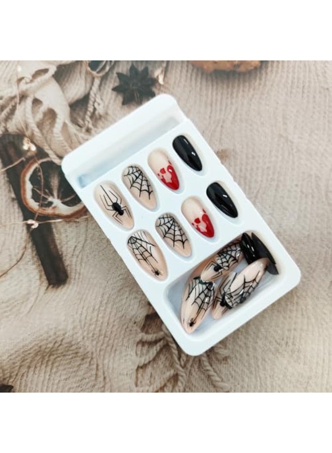 KKUUOO Halloween Press On Nails Medium Almond Spider Spider Web Acrylic Nails with Blood Drop Design Full Cover Glossy False Nails Stick On Jelly Press On Nails for Women Girls 24 Pcs - Image 3