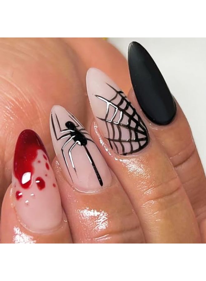 KKUUOO Halloween Press On Nails Medium Almond Spider Spider Web Acrylic Nails with Blood Drop Design Full Cover Glossy False Nails Stick On Jelly Press On Nails for Women Girls 24 Pcs - Image 1
