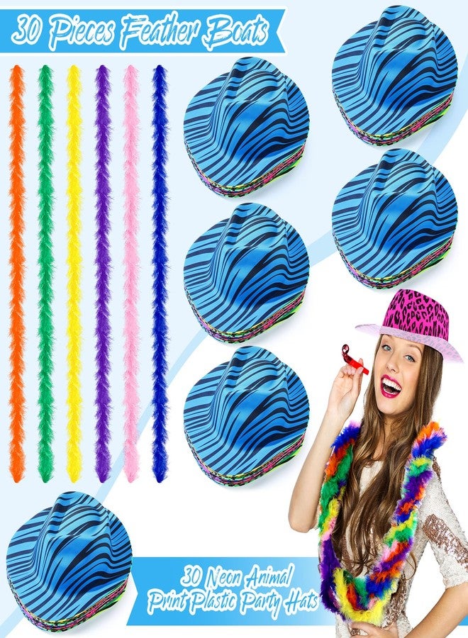 JaGely 60 Pcs Christmas Neon Party Supplies 30 Neon Hats and 30 Feather Boas, Animal Pattern Print Plastic Glow Hat, Gangster Fedora Hat for Hora Loca Birthday Carnival Parties - Image 3