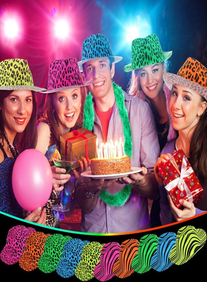 JaGely 60 Pcs Christmas Neon Party Supplies 30 Neon Hats and 30 Feather Boas, Animal Pattern Print Plastic Glow Hat, Gangster Fedora Hat for Hora Loca Birthday Carnival Parties - Image 4