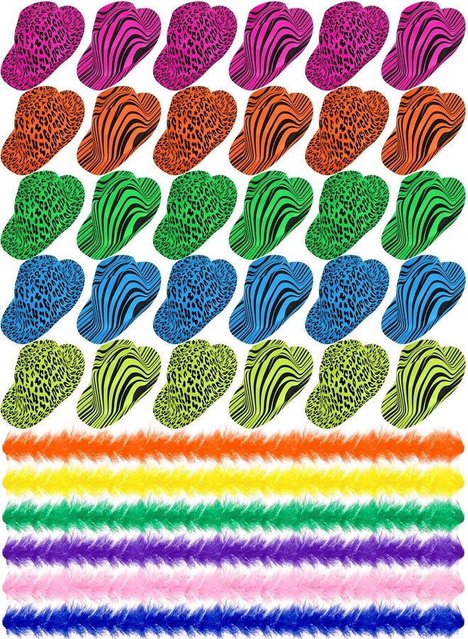 JaGely 60 Pcs Christmas Neon Party Supplies 30 Neon Hats and 30 Feather Boas, Animal Pattern Print Plastic Glow Hat, Gangster Fedora Hat for Hora Loca Birthday Carnival Parties - Image 1