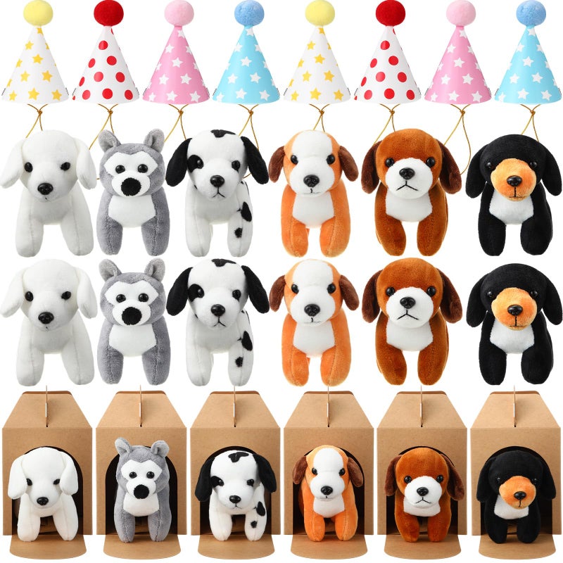 Simgoing 12 Set Mini Plush Dog Stuffed Animals Adopt a Dog Set with 12 Stuffed Dogs 12 Kraft Paper Boxes 12 Birthday Hats for Birthday Animal Theme Party FavorsBrown - Image 3