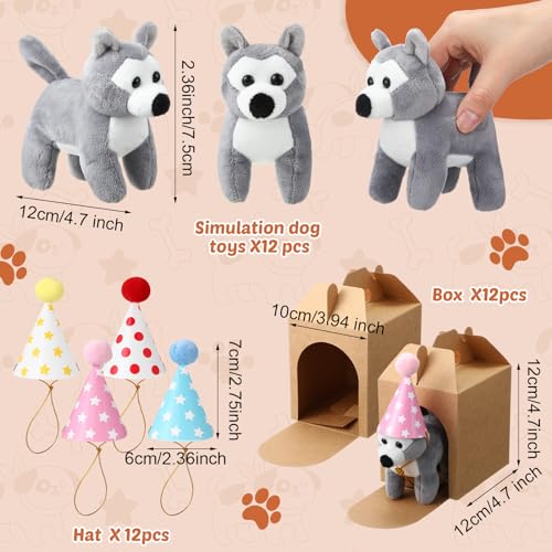 Simgoing 12 Set Mini Plush Dog Stuffed Animals Adopt a Dog Set with 12 Stuffed Dogs 12 Kraft Paper Boxes 12 Birthday Hats for Birthday Animal Theme Party FavorsBrown - Image 5