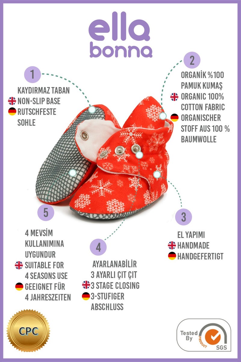 Ella Bonna Organic Cotton Baby Slippers, Non-Slip Sole, Newborn Booties, Home Nursery Shoes, Snowflake  - Image 4