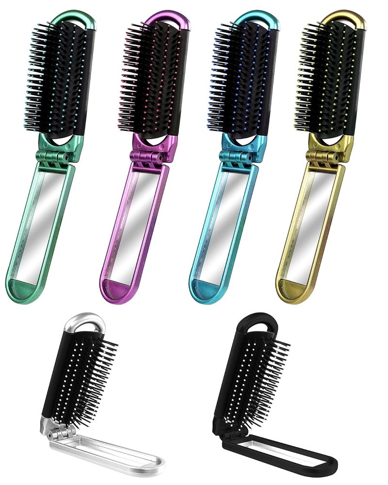 6 PCS Folding Travel Hairbrush Set with Compact Mirror for Women  Mini Pocket Brush with Mirror for Purse and Girls